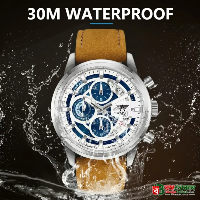 AMST 3068 Stylish Men's Luxury Chronograph Watch – White & Blue Dial, Silver Stainless Steel Case, Premium Tan Leather Strap, Date Display & Quartz Movement Sport Wristwatch - বাংলাদেশে সেরা দাম ও নতুন কালেকশন - গ্যালারি