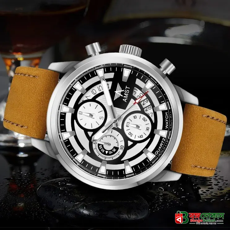 AMST 3068 Stylish Men's Luxury Chronograph Watch – White & Blue Dial, Silver Stainless Steel Case, Premium Tan Leather Strap, Date Display & Quartz Movement Sport Wristwatch - বাংলাদেশে সেরা দাম ও নতুন কালেকশন - গ্যালারি