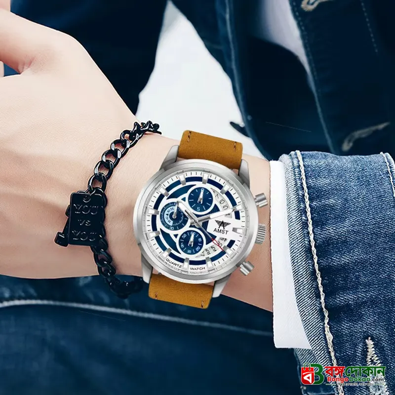 AMST 3068 Stylish Men's Luxury Chronograph Watch – White & Blue Dial, Silver Stainless Steel Case, Premium Tan Leather Strap, Date Display & Quartz Movement Sport Wristwatch - বাংলাদেশে সেরা দাম ও নতুন কালেকশন - গ্যালারি