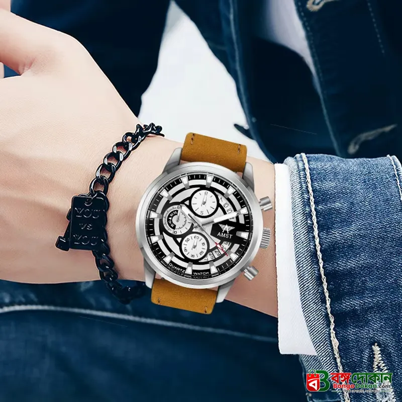 AMST 3068 Stylish Men's Luxury Chronograph Watch – White & Blue Dial, Silver Stainless Steel Case, Premium Tan Leather Strap, Date Display & Quartz Movement Sport Wristwatch - বাংলাদেশে সেরা দাম ও নতুন কালেকশন - গ্যালারি