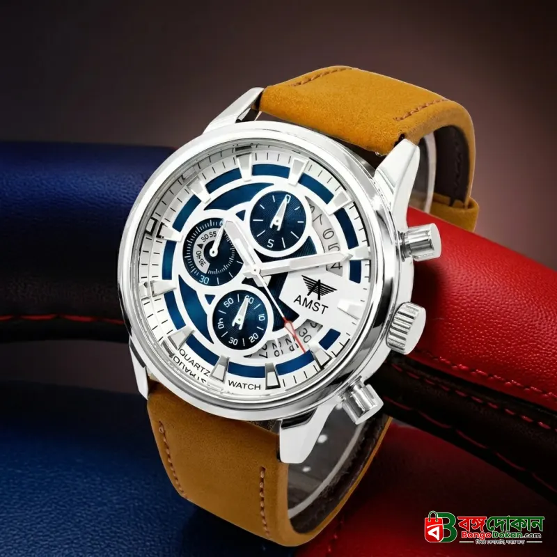 AMST 3068 Stylish Men's Luxury Chronograph Watch – White & Blue Dial, Silver Stainless Steel Case, Premium Tan Leather Strap, Date Display & Quartz Movement Sport Wristwatch - বাংলাদেশে সেরা দাম ও নতুন কালেকশন - গ্যালারি