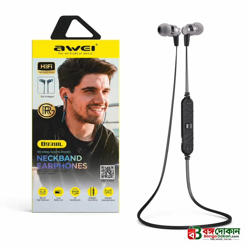 Awei B931BL Wireless Sports Neckband Earphone – Bluetooth 5.3 Headset with HiFi Stereo Sound, Deep Bass, 200mAh Battery & In-line Wire Control - বাংলাদেশে সেরা দাম ও স্পেসিফিকেশন - গ্যালারি
