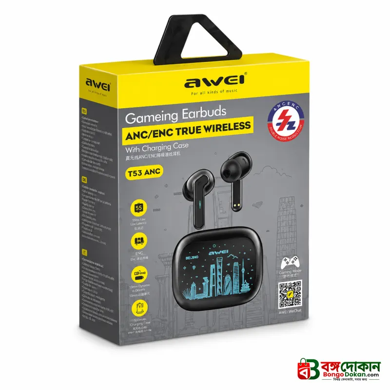 Awei T53 ANC True Wireless Earbuds – Bluetooth 5.3 TWS with -35dB Active Noise Cancellation, 10mm Drivers, RGB Breathing Light & 30H Battery - বাংলাদেশে সেরা দাম ও স্পেসিফিকেশন - গ্যালারি