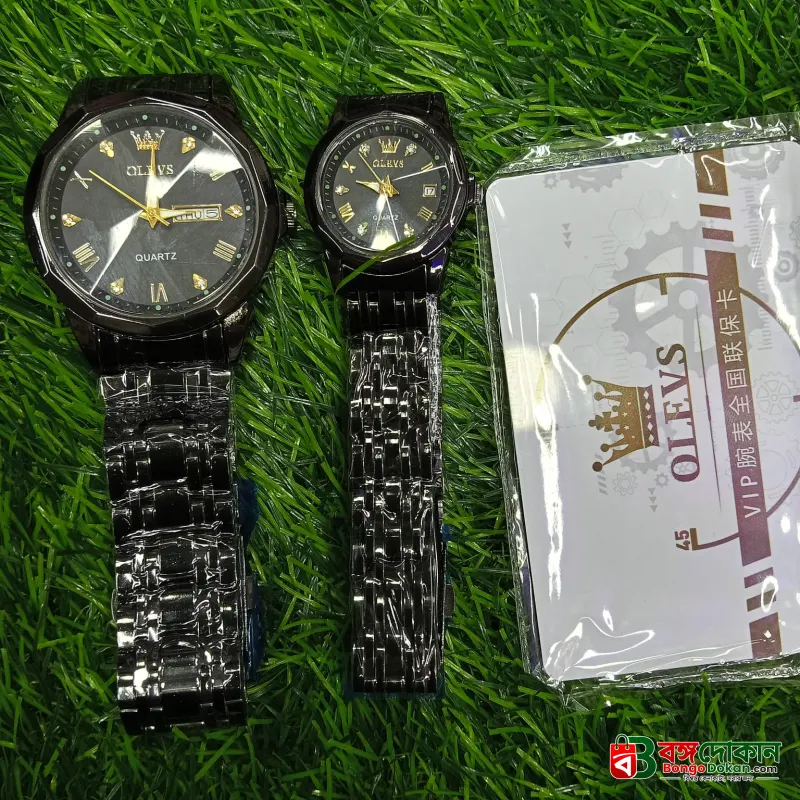 Butter  Fly Lock Olievs  Stainless Steel fashionable  Couple watches +1pcs chain cutter+ 2 pcs battery Full Black - বাংলাদেশে সেরা দাম ও নতুন কালেকশন - গ্যালারি