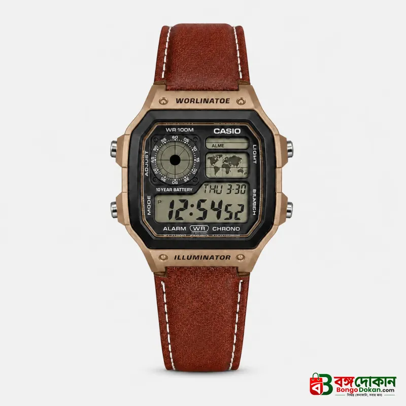 Casio Illuminator Vintage Digital Leather Strap Watch – World Map Display, Long Battery Life, Water Resistant, Formal & Casual Wristwatch with Premium Gift Box & Extra Batteries - বাংলাদেশে সেরা দাম ও নতুন কালেকশন - গ্যালারি