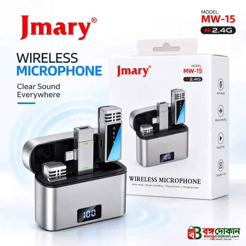 Jmary MW-15 2.4G Dual Wireless Lavalier Microphone – Type-C Plug & Play Mic with 48H Battery Charging Case, 20M Range & Low Latency for Mobile Vlogging & Interviews - বাংলাদেশে সেরা দাম ও স্পেসিফিকেশন - বাংলাদেশে সেরা অফার ও দাম