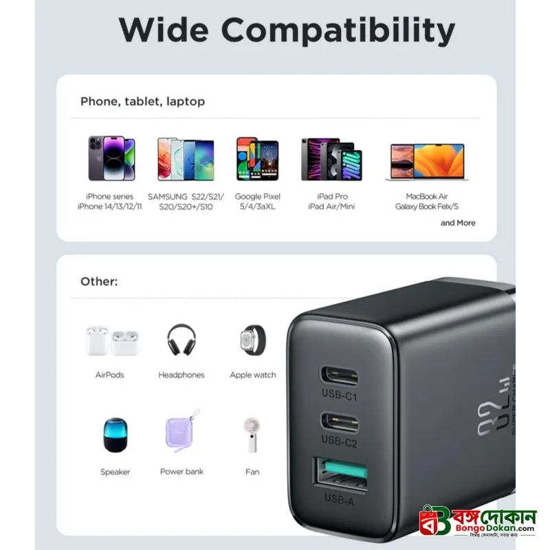 Joyroom JR-TCF10 32W Fast Charger – 2C1A Tri-Port Wall Adapter with Smart Charging Technology, Multi-Layer Safety Protection & Compact Design (Black) - বাংলাদেশে সেরা দাম ও স্পেসিফিকেশন - গ্যালারি