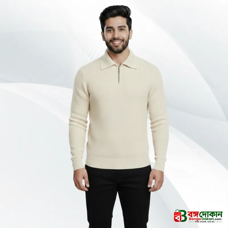 Men's Rib high Neck Sweater Half zipper (Cream) - বাংলাদেশে সেরা দাম ও উইন্টার কালেকশন - বাংলাদেশে সেরা অফার ও দাম