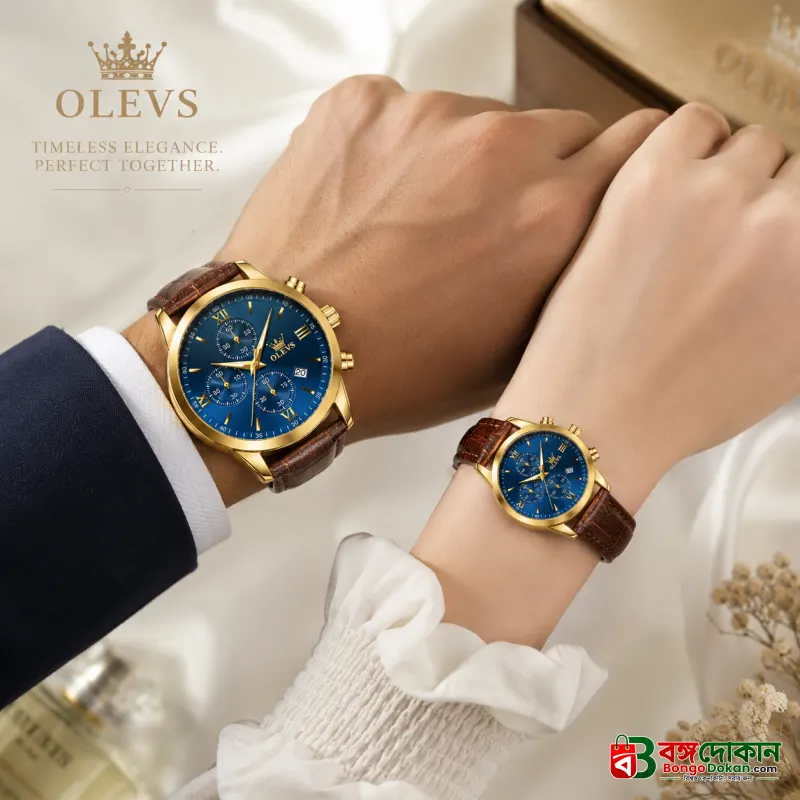OLEVS Premium Luxury Leather Strap Couple Watch Set – Golden Case, Deep Blue Roman Numeral Dial, Chronograph, Date Display & Crocodile Texture Brown Leather Band (Perfect Anniversary & Wedding... - বাংলাদেশে সেরা দাম ও নতুন কালেকশন - গ্যালারি