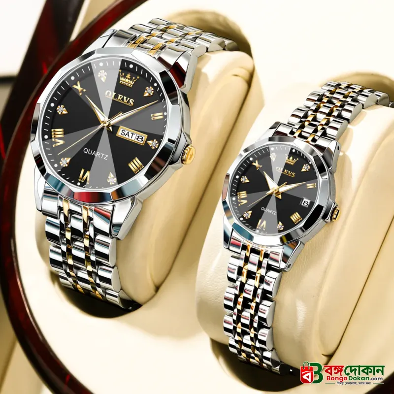 Olevs  Stainless Steel fashionable  Couple watches Silver black - বাংলাদেশে সেরা দাম ও নতুন কালেকশন - গ্যালারি