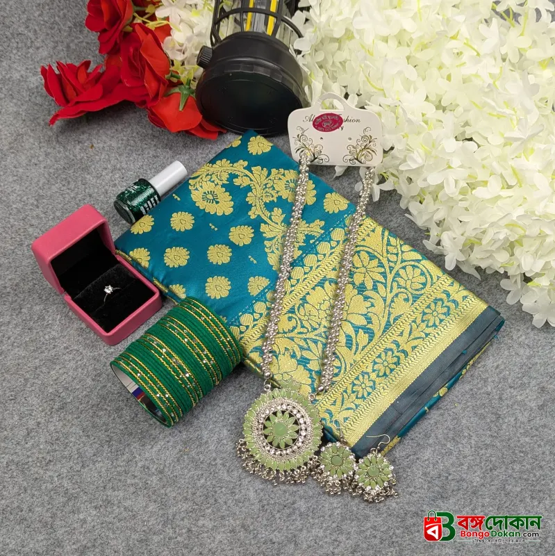 Premium Silk Katan Saree Combo Set - Ocean Green - বাংলাদেশে সেরা দাম ও আকর্ষণীয় কালেকশন - গ্যালারি