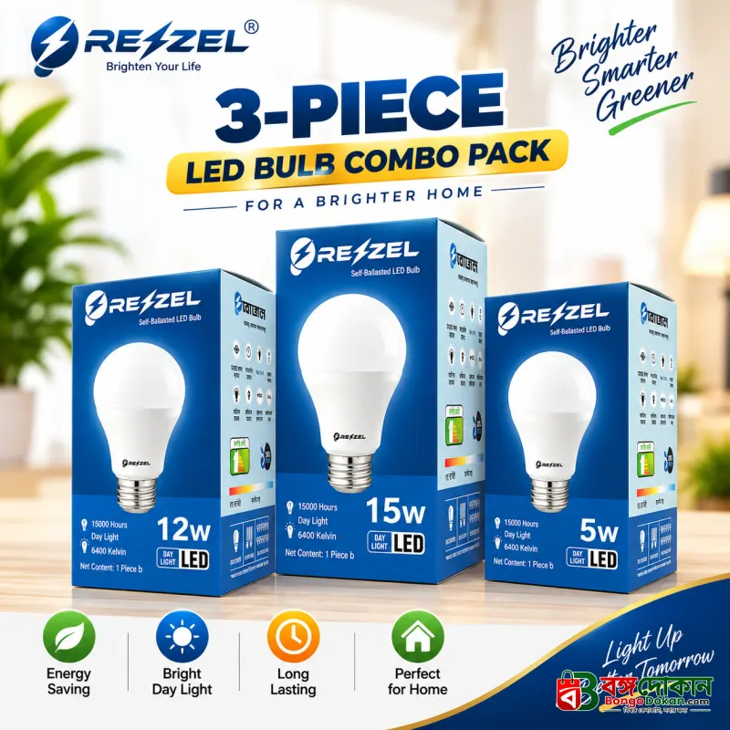 Rezzel LED Bulb 3-Piece Combo Pack (15W, 12W, 5W Assorted) – Energy Saving 6400K Cool White LED Bulbs with 270° Beam Angle, High Lumen Output & 1 Year Warranty - বাংলাদেশে সেরা দাম ও আকর্ষণীয় কালেকশন - বাংলাদেশে সেরা অফার ও দাম