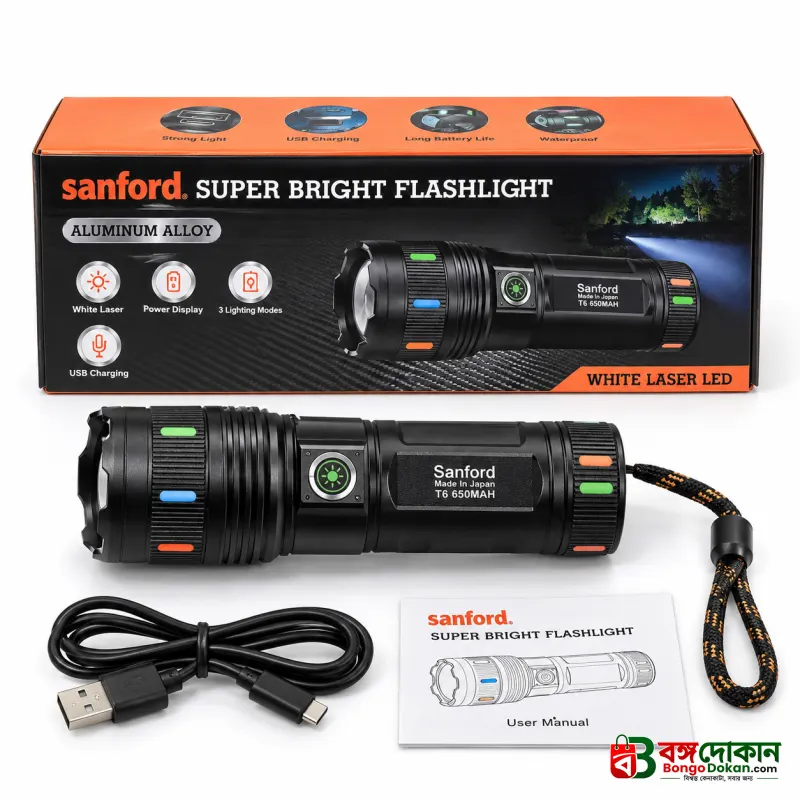 Sanford Super Bright White Laser LED Flashlight – Made in Japan High-Power Tactical Torch with 18650mAh Battery, Digital Display, Power Bank & Type-C Charging - বাংলাদেশে সেরা দাম ও স্পেসিফিকেশন - গ্যালারি