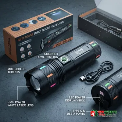 Sanford Super Bright White Laser LED Flashlight – Made in Japan High-Power Tactical Torch with 18650mAh Battery, Digital Display, Power Bank & Type-C Charging - বাংলাদেশে সেরা দাম ও স্পেসিফিকেশন - গ্যালারি