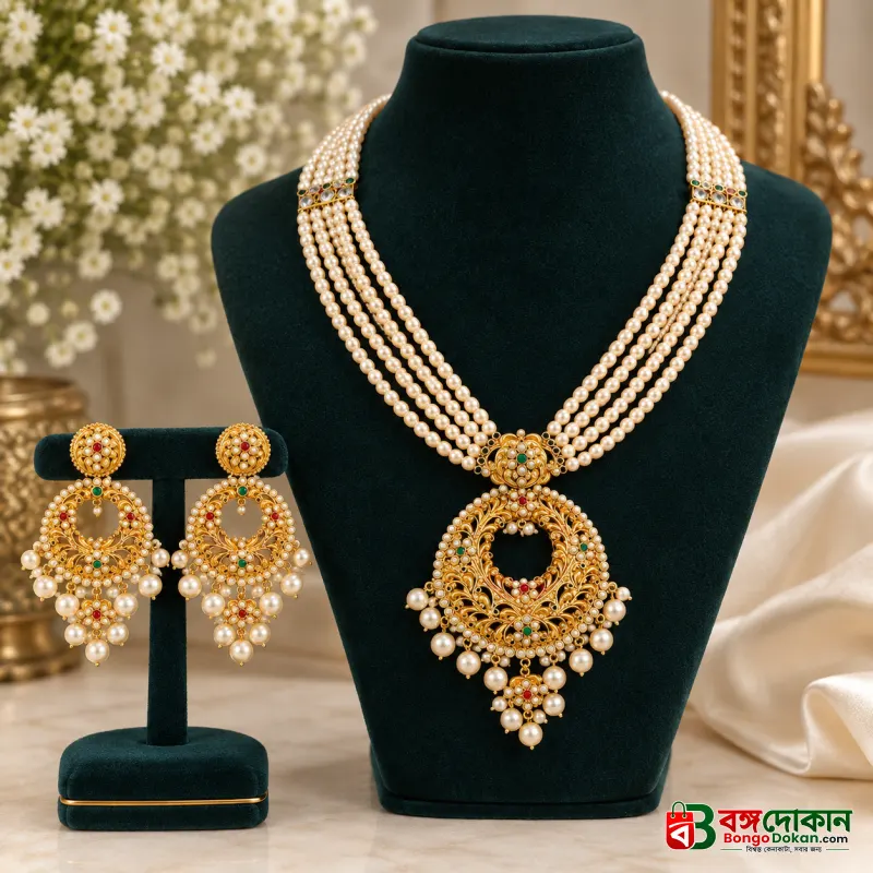 Traditional Gold-Plated Hyderabadi Pearl Sitahar and Jhumka Jewellery Set - বাংলাদেশে সেরা দাম ও এক্সক্লুসিভ ডিজাইন - বাংলাদেশে সেরা অফার ও দাম