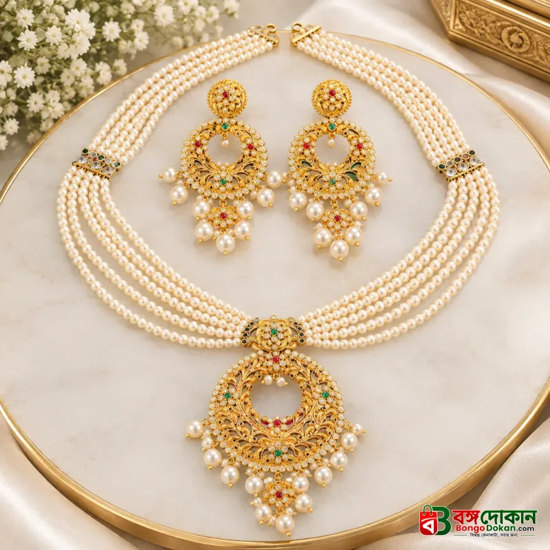 Traditional Gold-Plated Hyderabadi Pearl Sitahar and Jhumka Jewellery Set - বাংলাদেশে সেরা দাম ও এক্সক্লুসিভ ডিজাইন - গ্যালারি