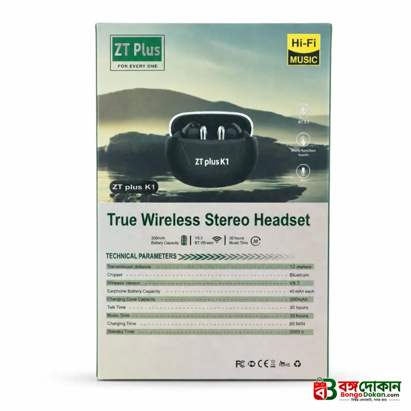 ZT Plus K1 True Wireless Stereo Earbuds – Bluetooth 5.3 TWS with Bluetrum Chipset, 300mAh Charging Case & 30H Total Playtime - বাংলাদেশে সেরা দাম ও স্পেসিফিকেশন - গ্যালারি